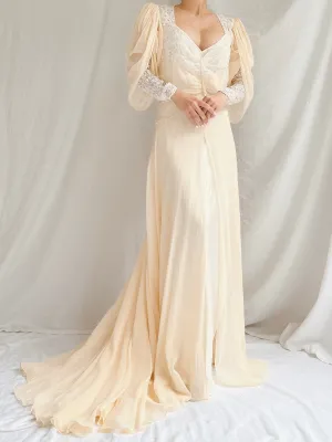 1930s Silk Chiffon Puff Sleeve Dressing Gown - S