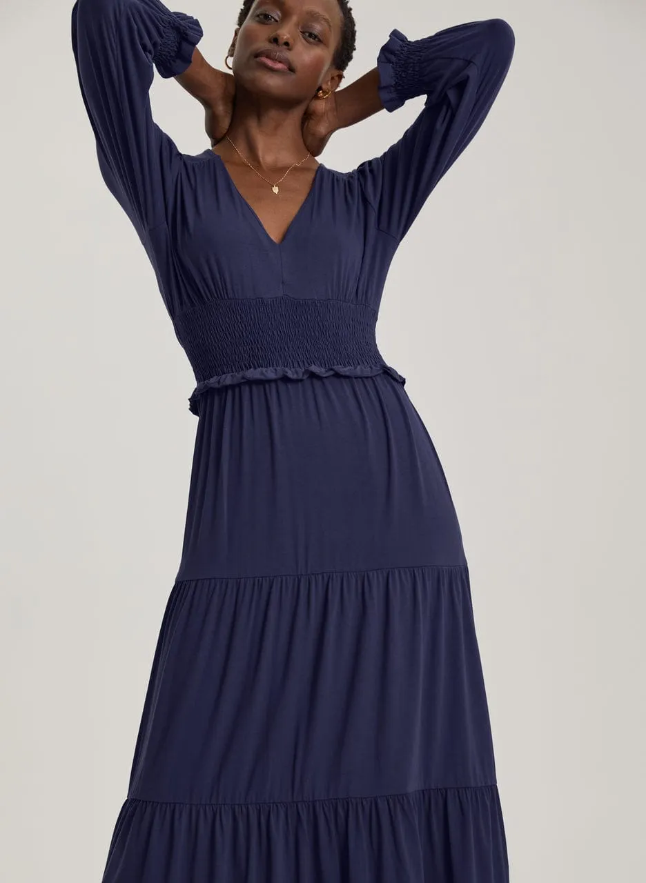 Airin Smocked Waist LENZING™ ECOVERO™ Jersey Midi Dress | Midnight Blue