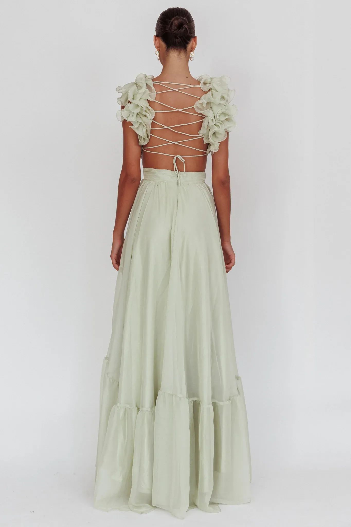 Bellamy Lace-Up Back Ruffle Maxi Dress Sage