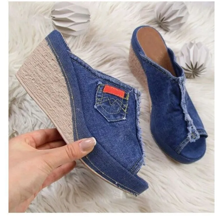 Jean Sandals Blue and Black Denim Shoes