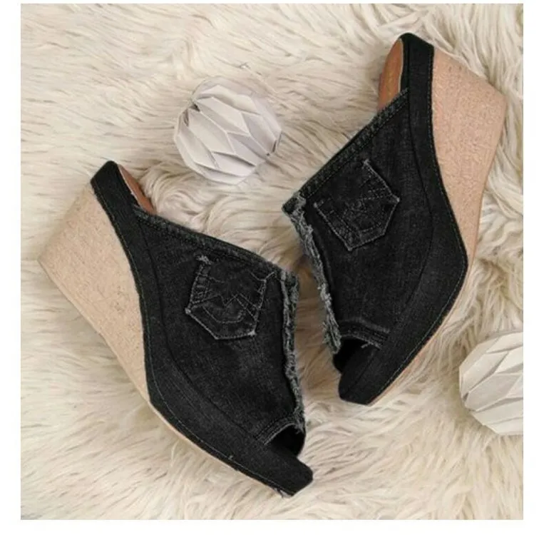 Jean Sandals Blue and Black Denim Shoes