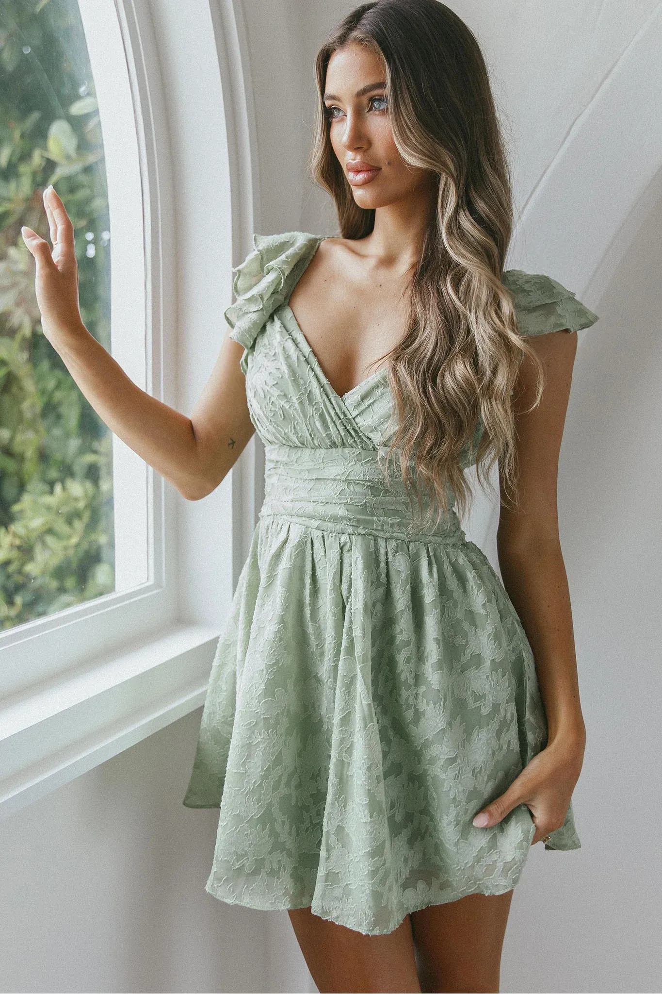 Lola Ruffle Shoulder Ruched Dress Textured Avocado