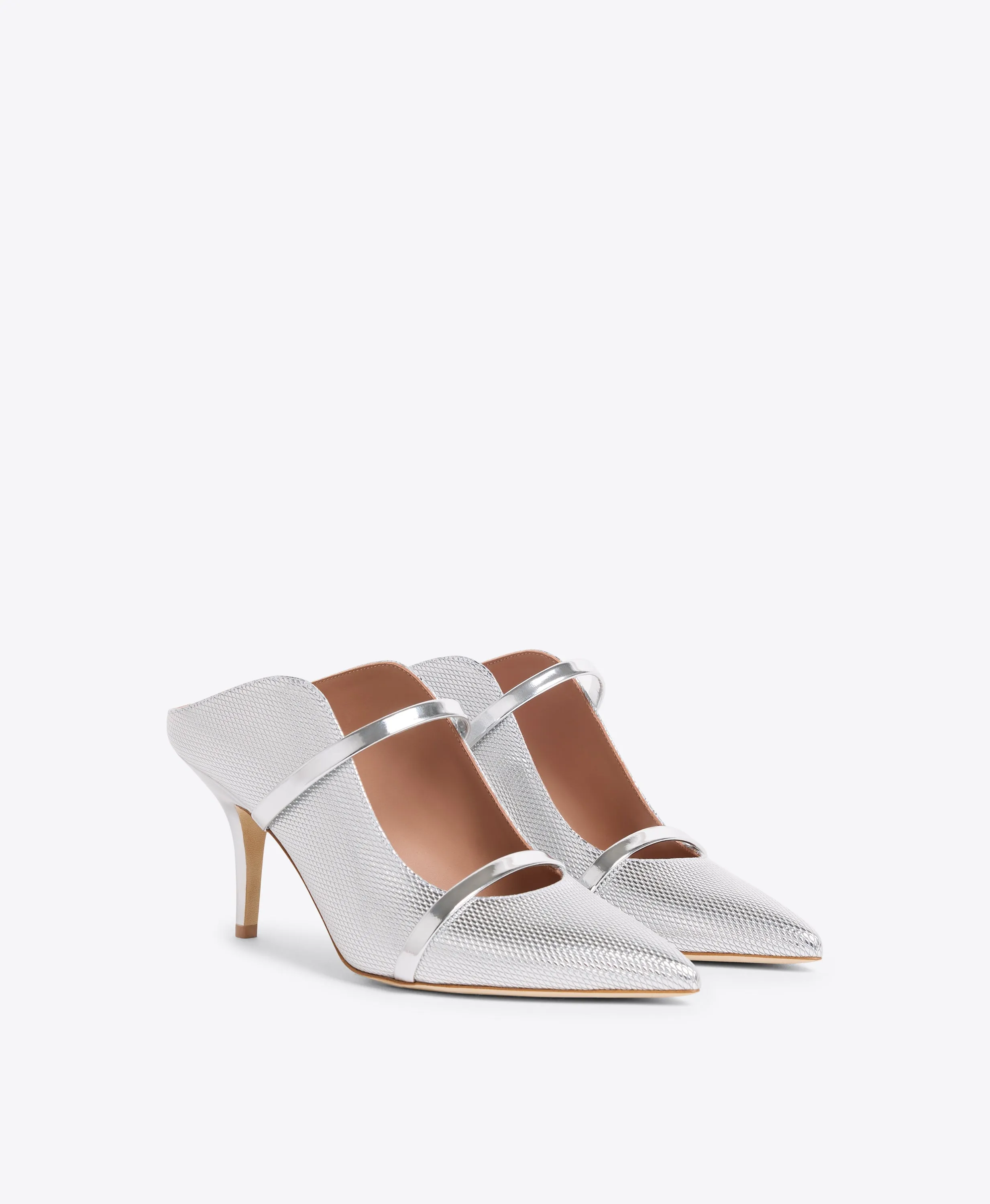 Maureen 70 Silver Embossed Leather Mules