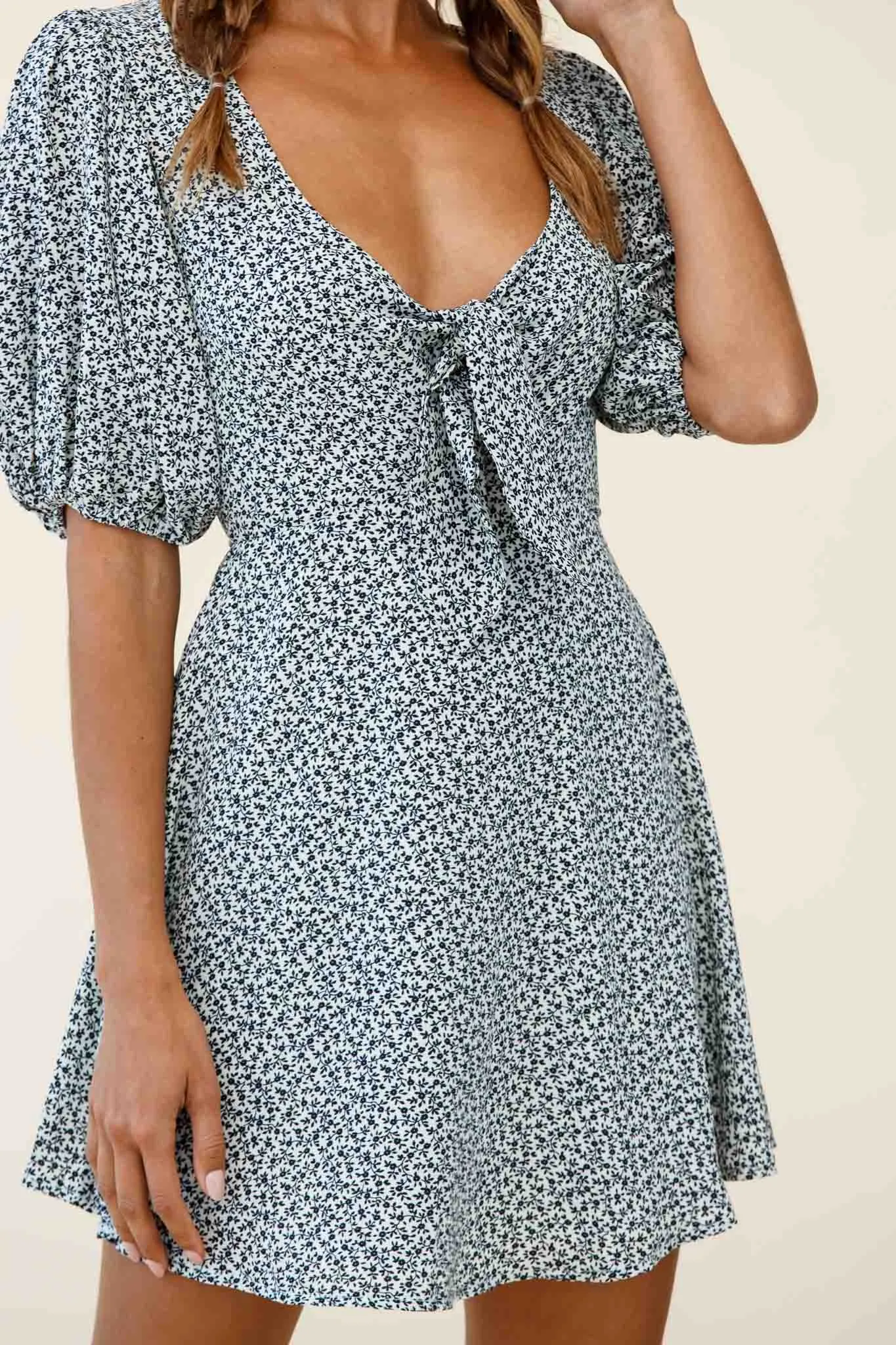 Portia Tied Bust Puff Sleeve Dress Floral Print White