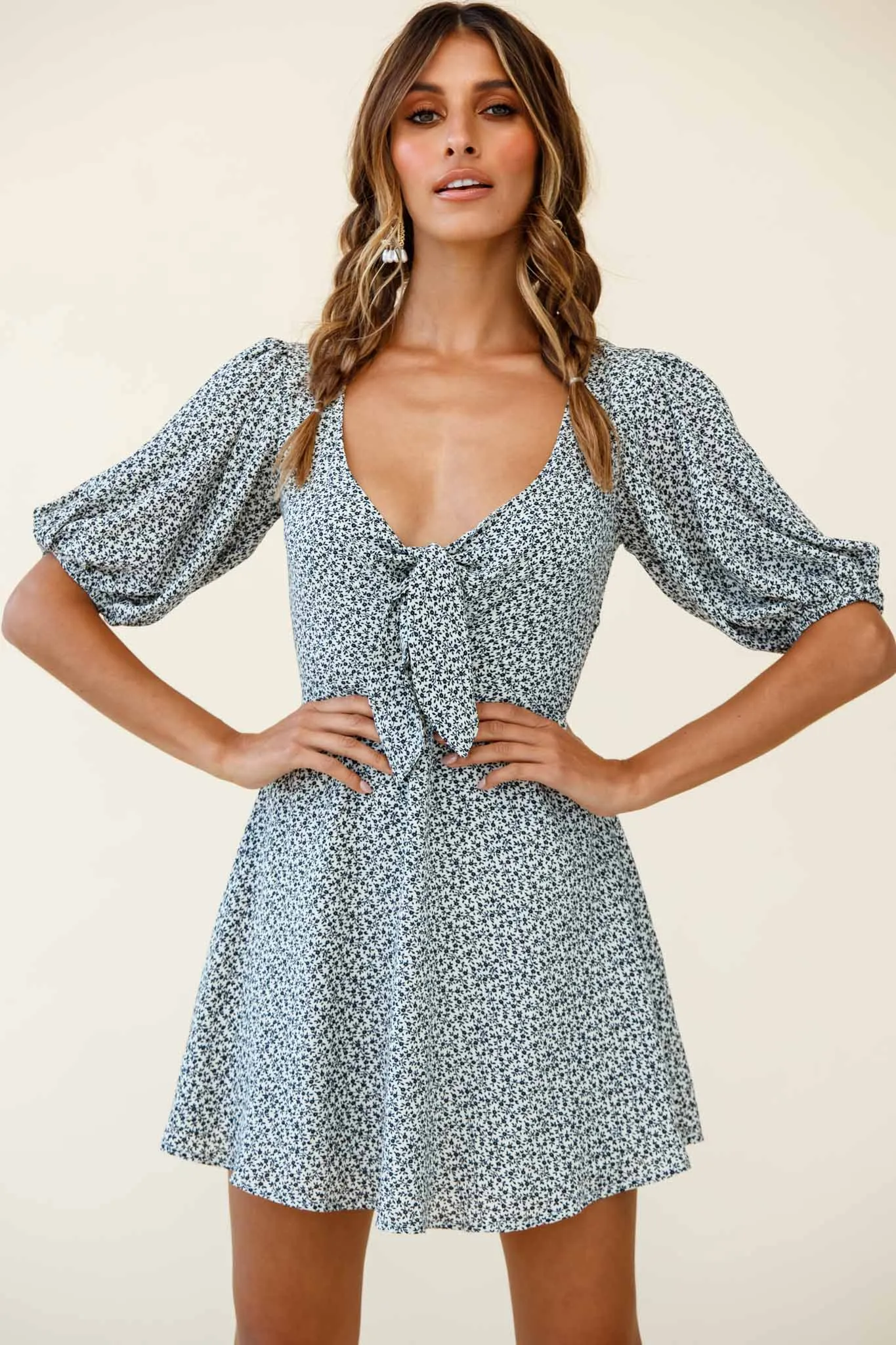 Portia Tied Bust Puff Sleeve Dress Floral Print White