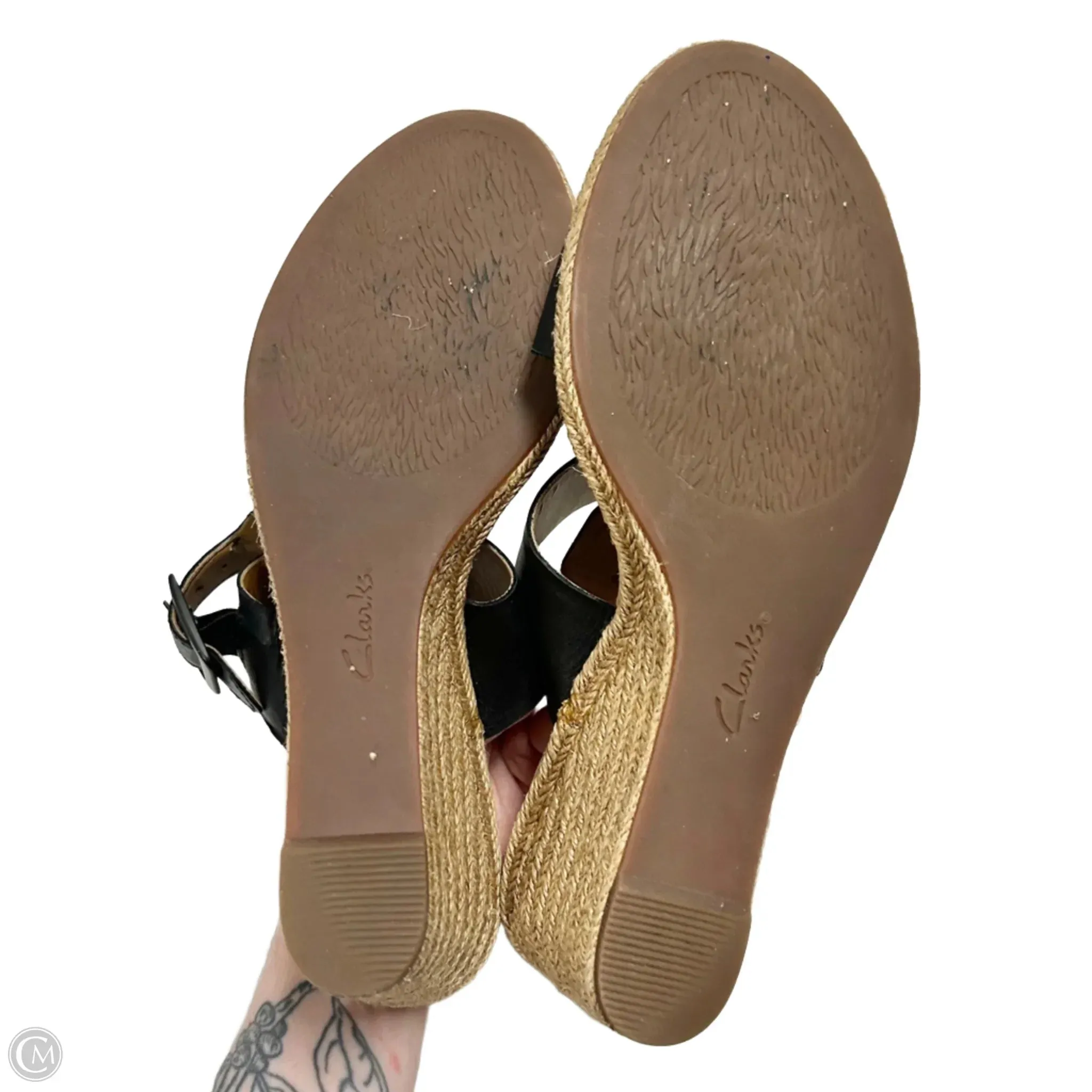 Sandals Heels Wedge By Clarks In Black & Tan, Size: 9.5