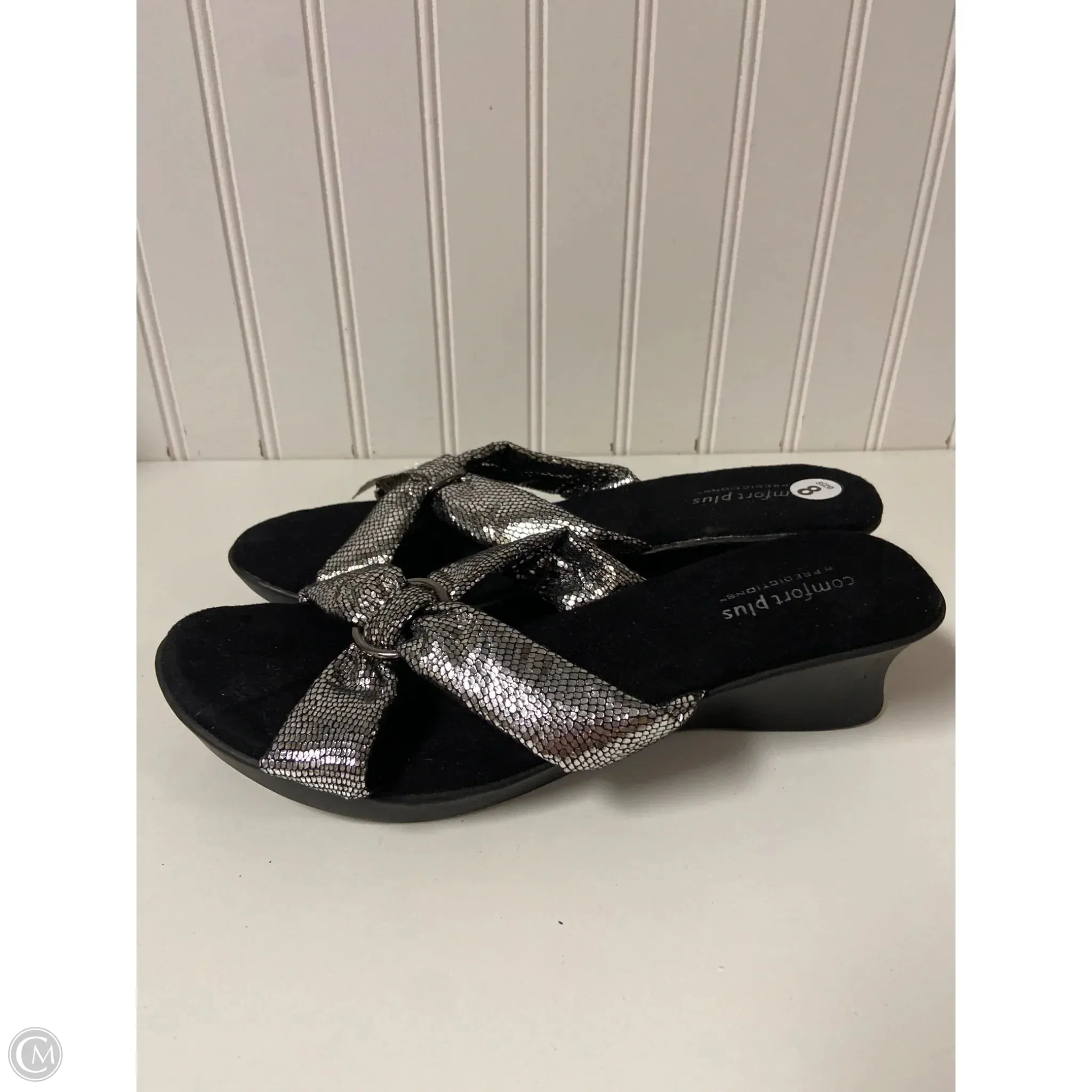 Sandals Heels Wedge By Predictions In Black & Silver, Size: 8
