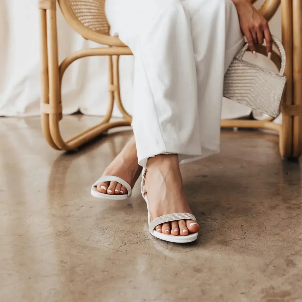 The Brenna White Leather Rhinestone   Block Heel Kit 3 White - FINAL SALE