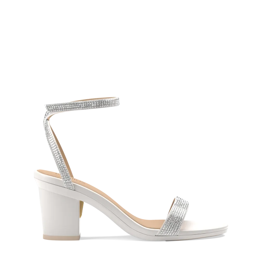 The Brenna White Leather Rhinestone   Block Heel Kit 3 White - FINAL SALE