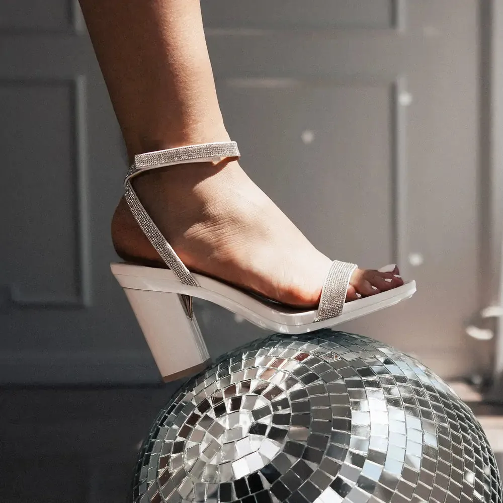 The Brenna White Leather Rhinestone   Block Heel Kit 3 White - FINAL SALE