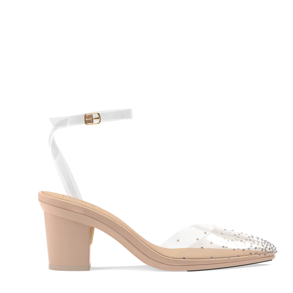 The D'Orsay - Sand Transparent Rhinestone   Block Heel Kit 3 Sand - FINAL SALE