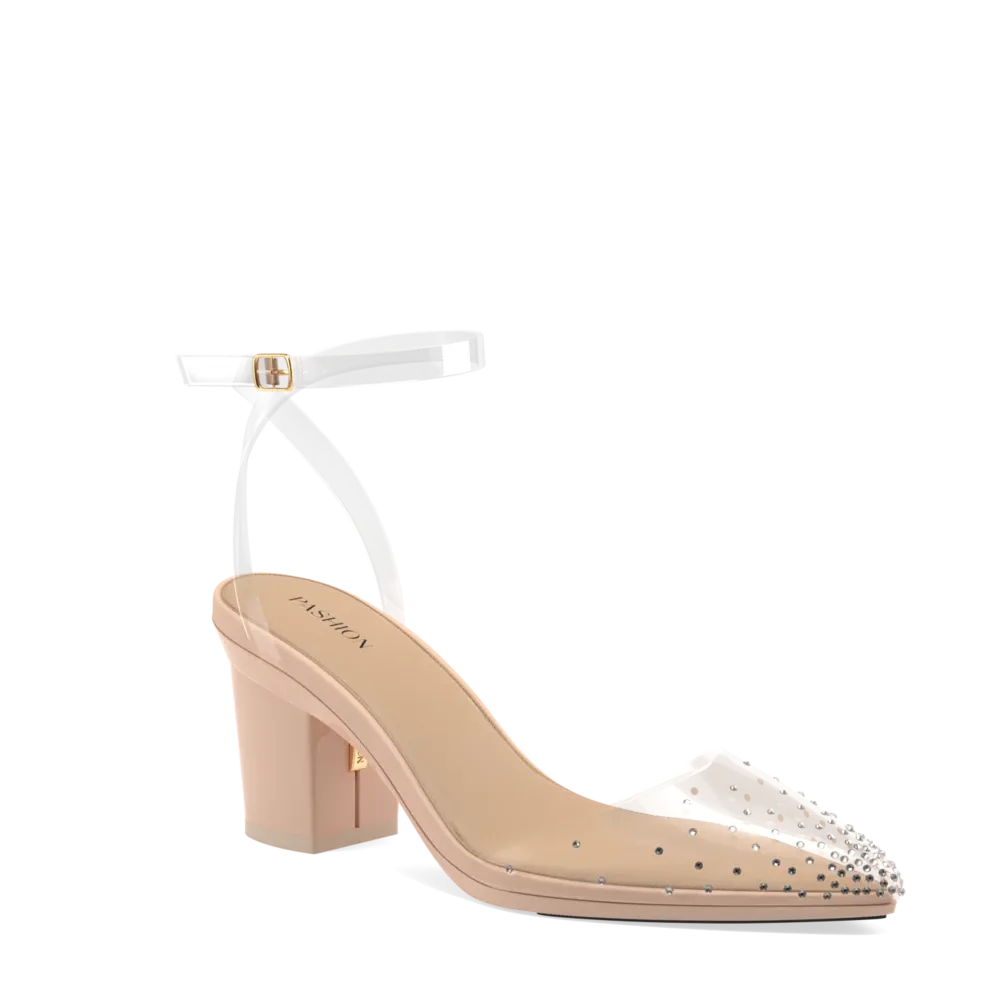 The D'Orsay - Sand Transparent Rhinestone   Block Heel Kit 3 Sand - FINAL SALE